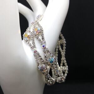 Vintage Clear & Aurora Borealis Rhinestone Bracelet Silver Tone 7 Inch